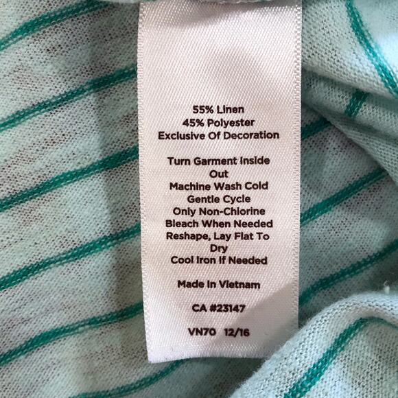 Talbots Green Striped Pom Pom Scoop Neckline Linen Blend T-shirt Top - Picture 7 of 7